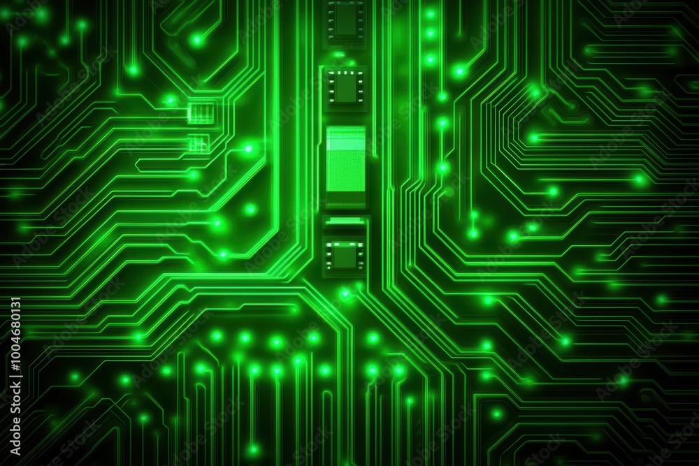 Obraz premium Glowing Green Circuit Board with Microchips Abstract Technology Background