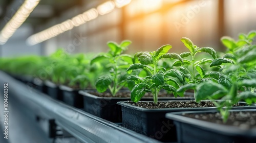 AI-powered greenhouse with hydroponic trays, plants growing under controlled lighting, eco-friendly farming for the future, AI farming, hydroponic greenhouse