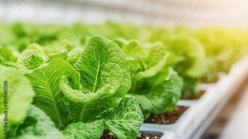 Hydroponic plants growing in rows inside a climate-controlled greenhouse, sensors and monitors ensuring precise control over environment, hydroponic farming, controlled agriculture photo