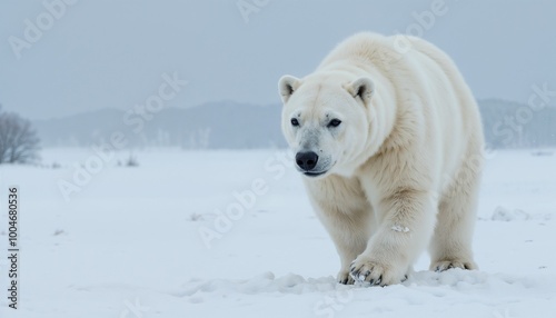 Polar bear walking, focused expression, snowy landscape, winter scenery, copy space