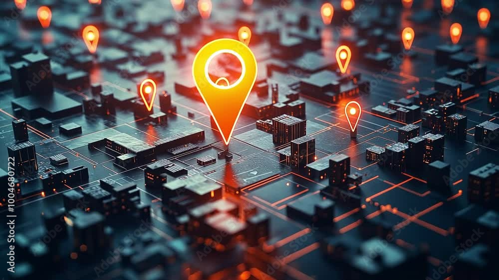 Glowing gps icon focuses on a location within an abstract 3d city, highlighting technology and navigation in motion Glowing gps icon focuses on a location within an abstract 3d city, highlighting technology and navigation in motion