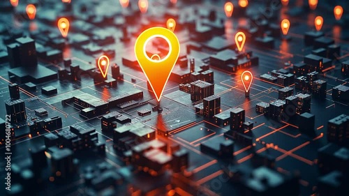 Glowing gps icon focuses on a location within an abstract 3d city, highlighting technology and navigation in motion