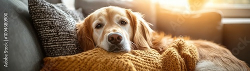 A golden retriever cuddling closely with its owner on a cozy couch, sunlight filtering through a window, creating a warm bond between them