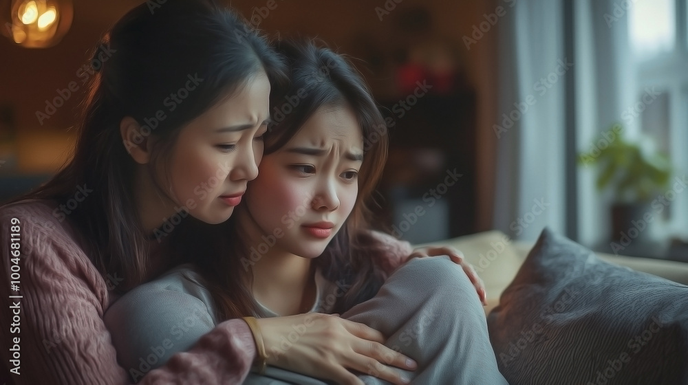 A caring Asian mother is sitting on a sofa at home, gently consoling and supporting her depressed teenage daughter. A caring Asian mother is sitting on a sofa at home, gently consoling and supporting her depressed teenage daughter.