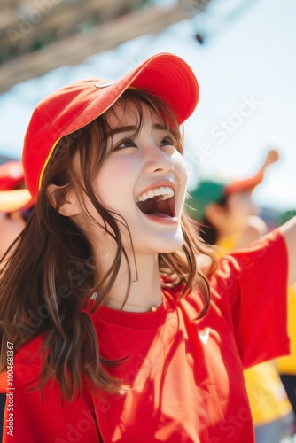 young female cheering for her favorite tennis team in a stadium. radiating excitement and enthusiasm photo