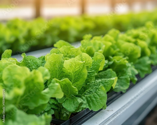 Automated greenhouse with rows of crops growing in hydroponic setups photo