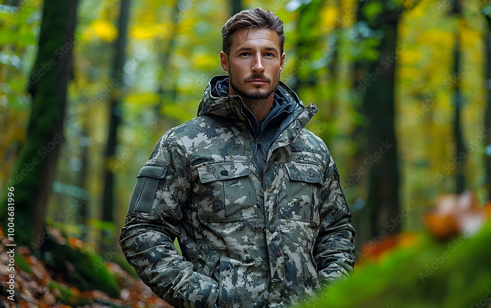 Man in camouflage jacket standing in a vibrant autumn forest setting Man in camouflage jacket standing in a vibrant autumn forest setting