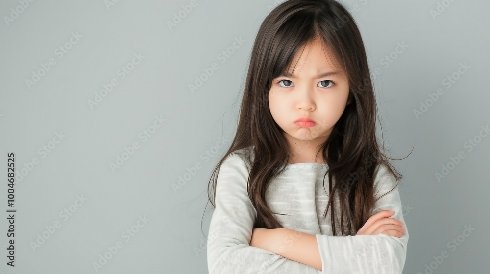 an angry little girl standing with her arms crossed, looking directly with an upset expression an angry little girl standing with her arms crossed, looking directly with an upset expression