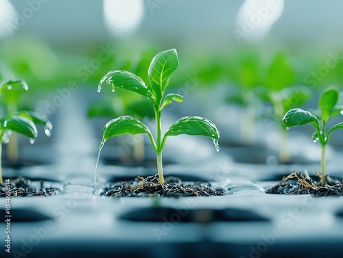 Close-up of precision irrigation in a hydroponic greenhouse, water dripping onto plant roots, high-tech sustainable agriculture, precision irrigation, hydroponic greenhouse photo