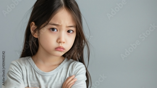 an angry little girl standing with her arms crossed, looking directly with an upset expression