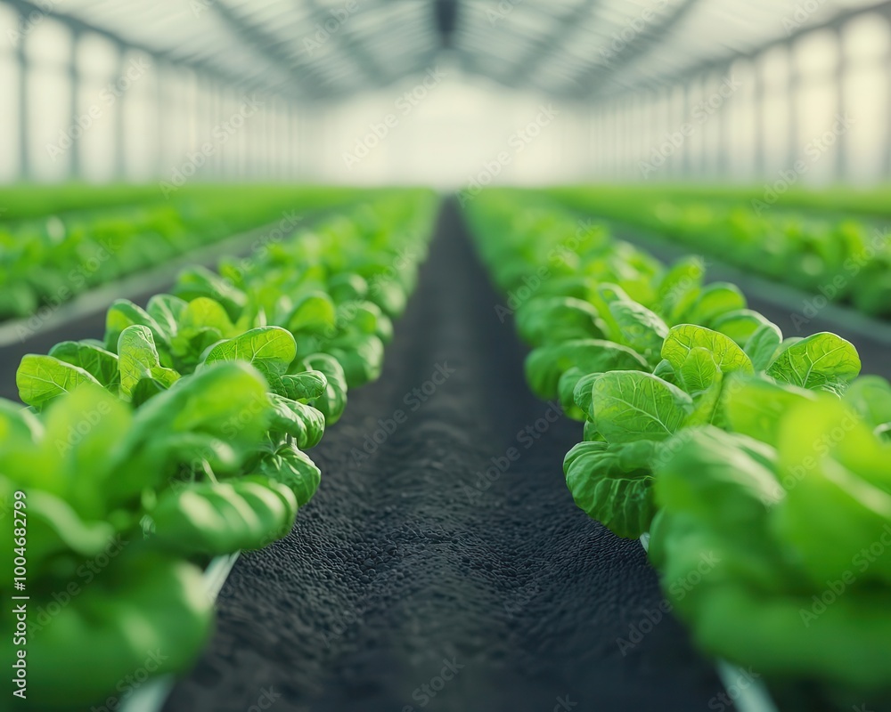 Inside Crops Smart hydroponic farm inside a greenhouse, rows of crops growing in ...