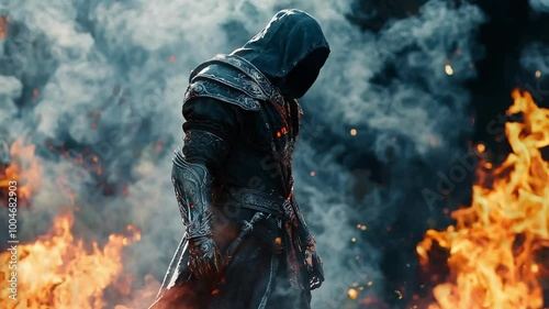 Mysterious Hooded Figure in Fiery Smoke - Seamless Looping Background