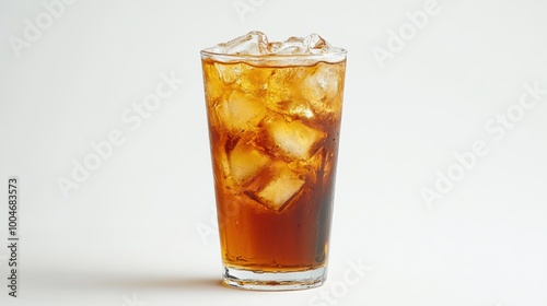 A tall, clear glass filled with iced tea showcases floating ice cubes