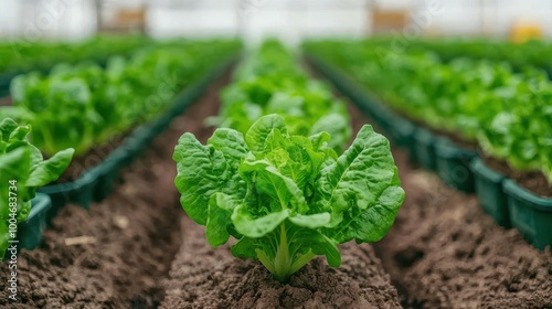 Hydroponic plants growing in rows inside a climate-controlled greenhouse, sensors and monitors ensuring precise control over environment, hydroponic farming, controlled agriculture photo