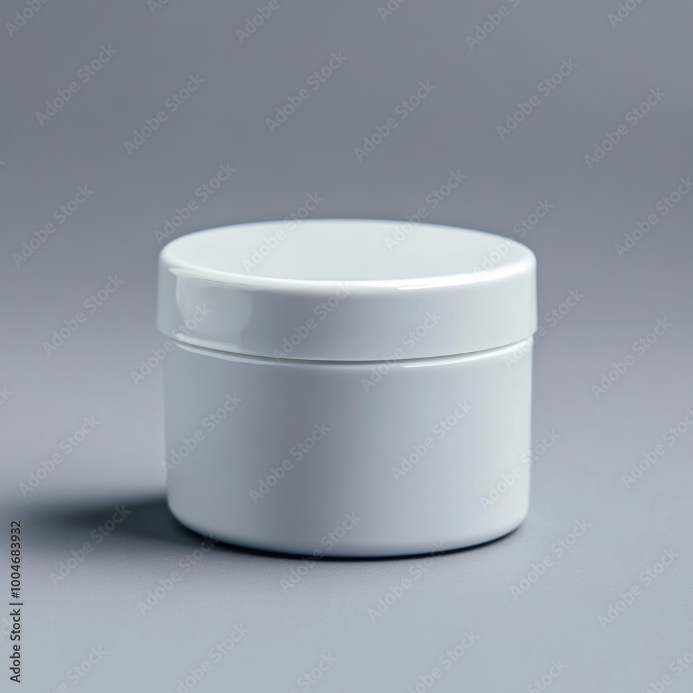 White cosmetic jar on a gray background showcasing minimal design White cosmetic jar on a gray background showcasing minimal design