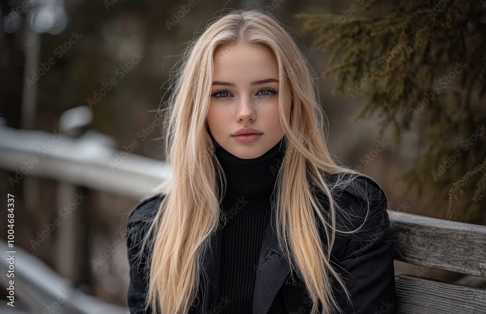 Obraz premium A young woman gazes intently while sitting on a rustic bench against a tranquil autumn backdrop filled with trees