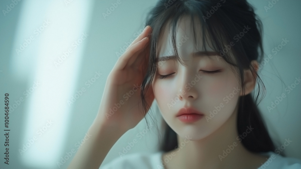 Asian young woman who is stressed and exhausted, suffering from vertigo and migraine symptoms Asian young woman who is stressed and exhausted, suffering from vertigo and migraine symptoms