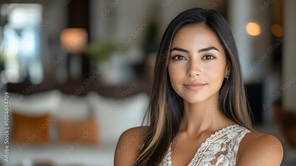 Young woman with a serious face with the living room of her luxury home out of focus in the background. Concept: luxury, success
Young woman with a serious face with the living room of her luxury home out of focus in the background. Concept: luxury, success
