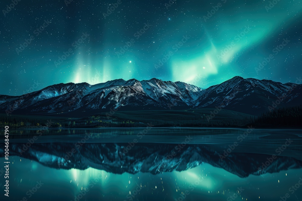 Obraz premium Vibrant Aurora Borealis Casting Colorful Glow Over Frozen Arctic Landscape With Mountains