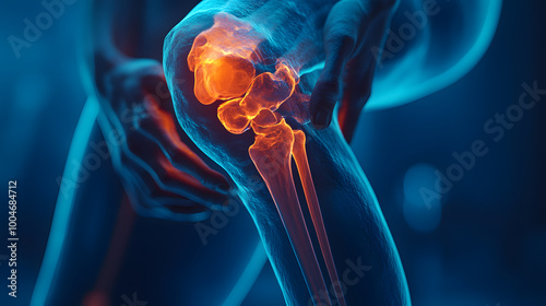 illustration of knee with red color at the painful point. Concept: joint, injury, recovery
