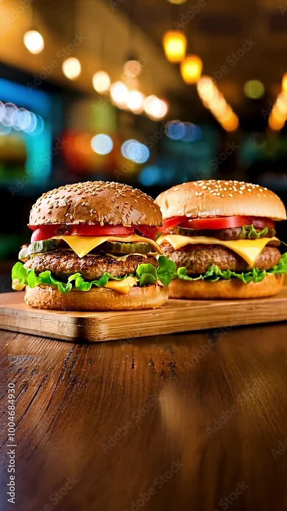 Classic burger sprinkled with sesame seeds with juicy ingredients on fast food restaurant counter.