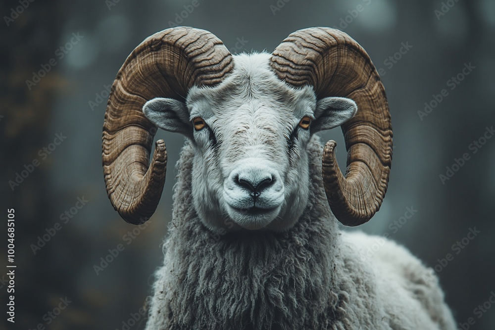Close-up portrait of a white ram with large horns, looking directly at the camera. Close-up portrait of a white ram with large horns, looking directly at the camera.