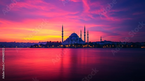 The Blue Mosque or Sultan Ahmet Mosque of Istanbul, colorful sunset view, Turkey 