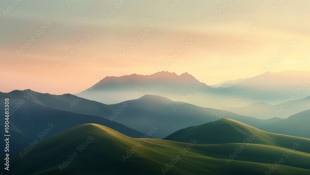 Fototapeta premium Photograph of rolling hills and mountains, soft focus, warm light, hazy, muted colors