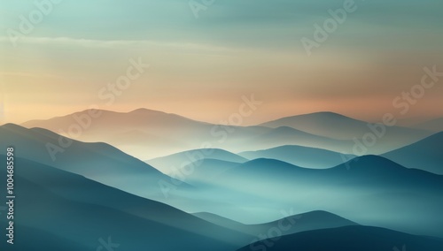 Photograph of rolling hills and mountains, soft focus, warm light, hazy, muted colors