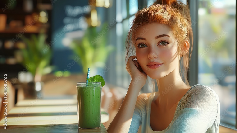as a delightful girl with an infectious smile enjoys a refreshing green smoothie in a trendy cafe, embodying a sense of relaxation and rejuvenation in the midst of urban hustle and bustle as a delightful girl with an infectious smile enjoys a refreshing green smoothie in a trendy cafe, embodying a sense of relaxation and rejuvenation in the midst of urban hustle and bustle