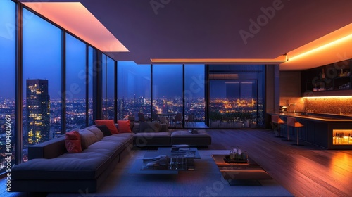 Apartment on the top floor of a skyscraper overlooking an incredible night city. Minimalist home interior design of modern living room.