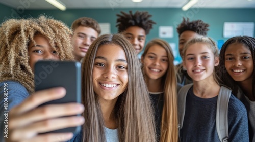 Happy young students taking a selfie portrait together in a university or school classroom. An American girl takes a photo with his smiling classmates. Friends at the Academy