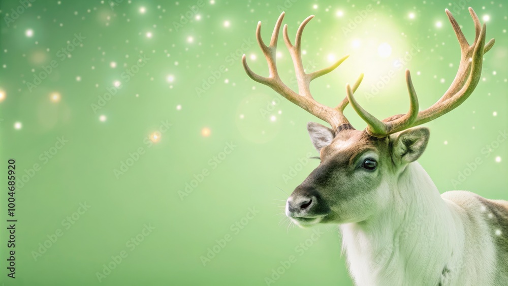 A majestic reindeer with antlers in a mystical setting, glowing lights surround the deer against a green backdrop. A majestic reindeer with antlers in a mystical setting, glowing lights surround the deer against a green backdrop.