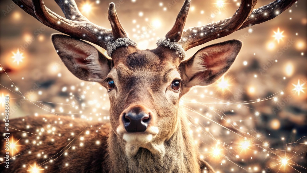 A magical Christmas deer with glowing eyes, surrounded by sparkles in a dreamy winter scene.