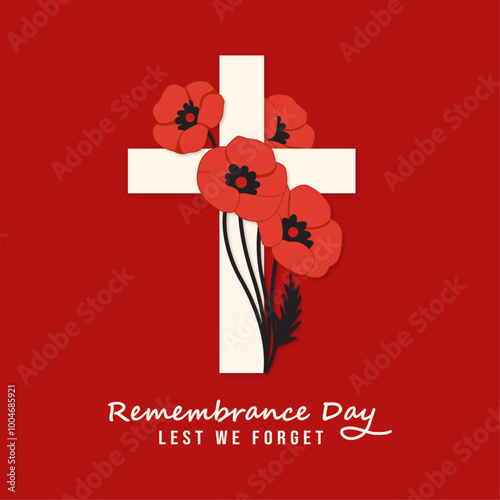 A white cross with red poppies on a red background. Remembrance Day and Lest We Forget, symbolizing respect for fallen soldiers, Vector illustration.