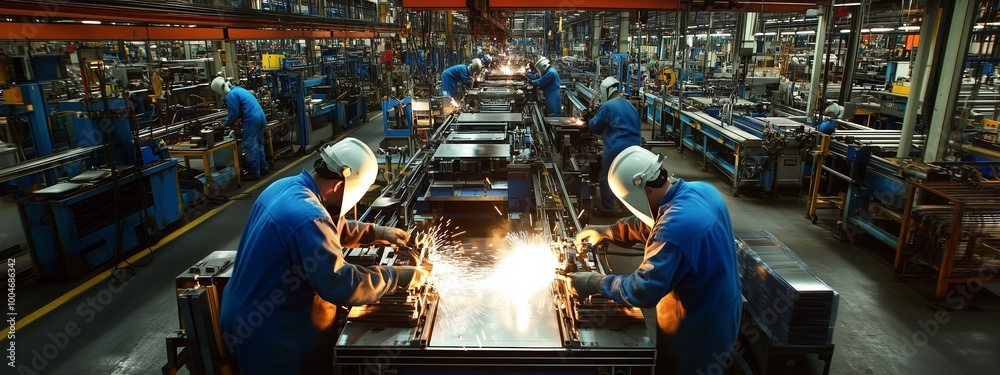 Workers engaged in metal fabrication at a busy industrial factory during evening hours Workers engaged in metal fabrication at a busy industrial factory during evening hours