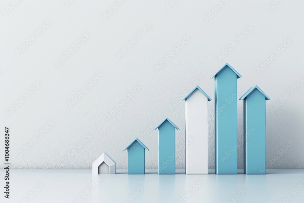 Graphic of blue graph arrow going up, bar chart showing houses growing in value, white background Graphic of blue graph arrow going up, bar chart showing houses growing in value, white background
