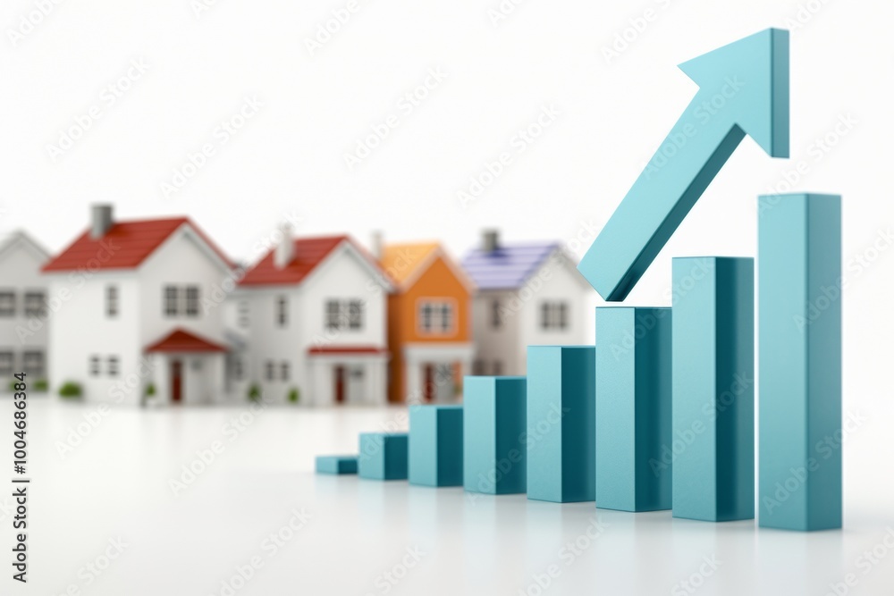 Graphic of blue graph arrow going up, bar chart showing houses growing in value, white background Graphic of blue graph arrow going up, bar chart showing houses growing in value, white background