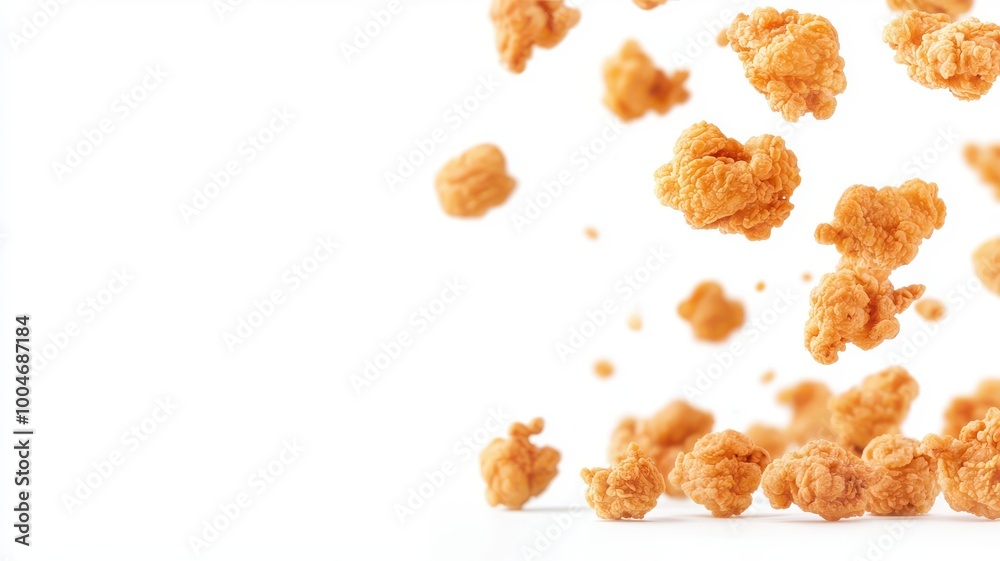 Crispy Fried Popcorn Chicken Pieces in Midair Crispy Fried Popcorn Chicken Pieces in Midair