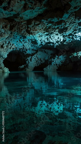 Hidden underwater cave with bioluminescent limestone walls reflecting turquoise water.