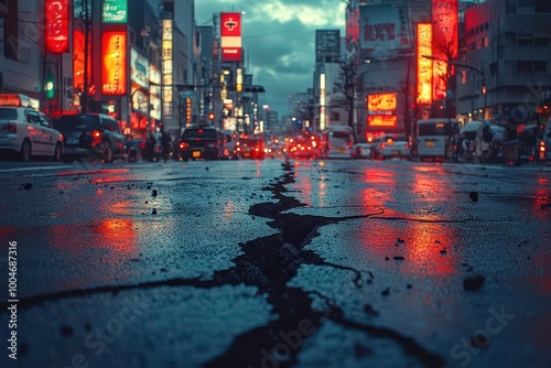 a busy city street reveals a long crack in the road illustrating the aftermath of an earthquake with a blurred background conveying the urgency and chaos of the moment