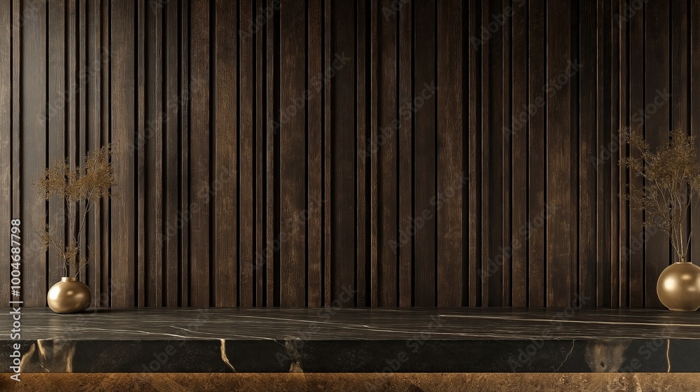 Empty black marble tabletop with wooden wall and decorations, perfect for product placement Empty black marble tabletop with wooden wall and decorations, perfect for product placement