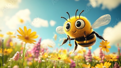 Cheerful Cartoon Bee Buzzing Above Colorful Flowers