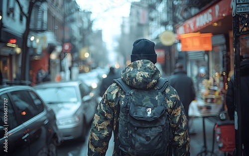 Urban explorer walking through busy city street in winter