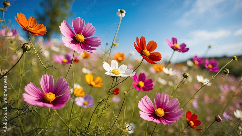 Red-pink cosmos flowers in full bloom On the background are different colors and blurred.