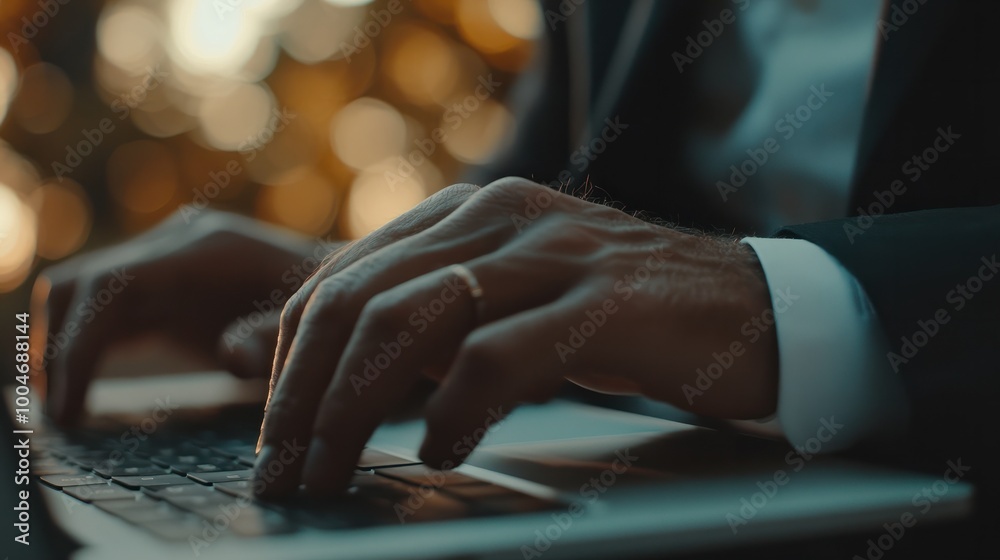 Obraz premium Closeup of businessman hands typing on laptop keyboard showcasing concept of online communication remote work and digital lifestyle of modern professional