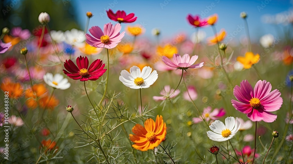 Red-pink cosmos flowers in full bloom On the background are different colors and blurred. Red-pink cosmos flowers in full bloom On the background are different colors and blurred.