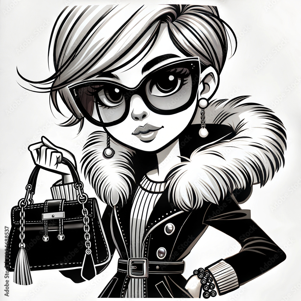Stylish Cartoon Woman with Sunglasses Holding Designer Handbag in Black and White Stylish Cartoon Woman with Sunglasses Holding Designer Handbag in Black and White