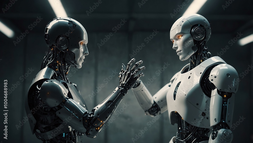 Human and robot friendship gesture. Human and robot friendship gesture.