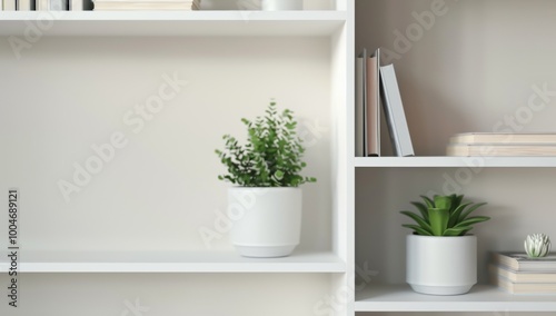 White bookcase with books and decorative objects, blurred background, close-up shot, white walls in the room, green plants on shelves, books of various sizes, some slightly open or closed